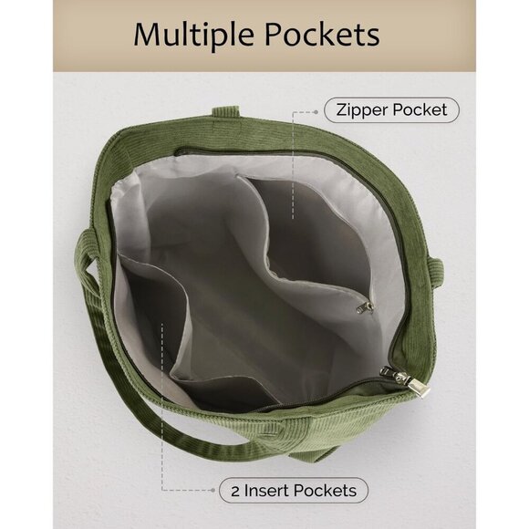 Women Green Corduroy Polyester Lining Shoulder Bag with Zipper And Pockets - Picture 4 of 13